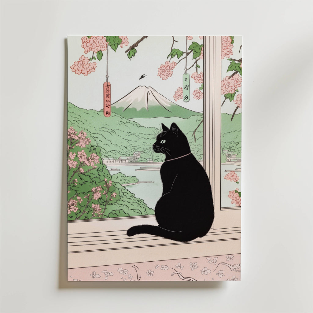 Mockup av Sakura Window Cat affisch på vägg – köp enkelt hos Bozetto i hög kvalitet