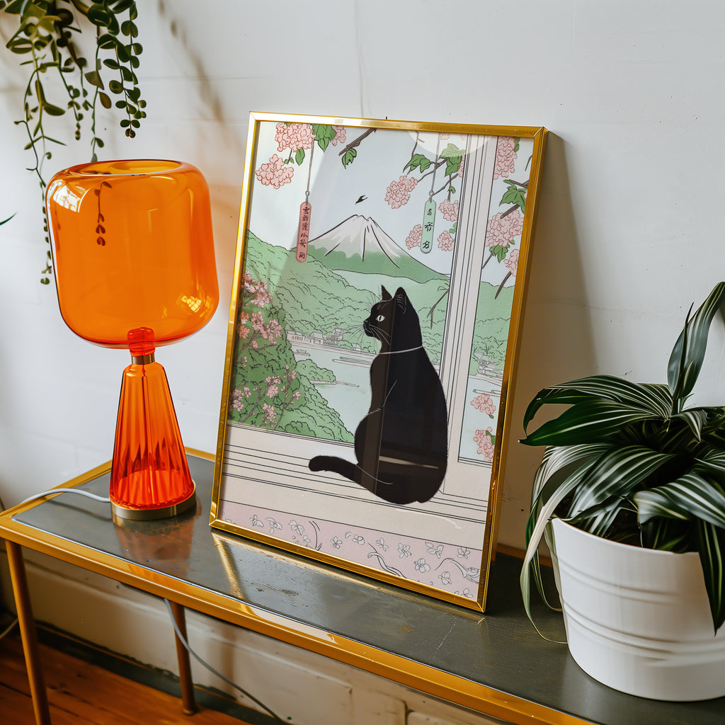Väggmockup av Sakura Window Cat affisch på ljus vägg – Bozetto konsttryck – nr 2