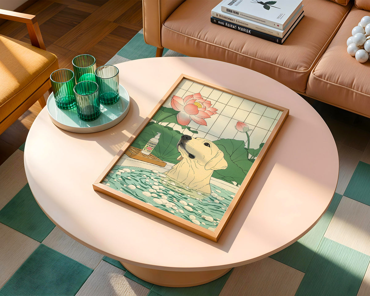 Lotus Bath Dog poster visualiserad på vägg – se rätt storlek med mockup från Bozetto