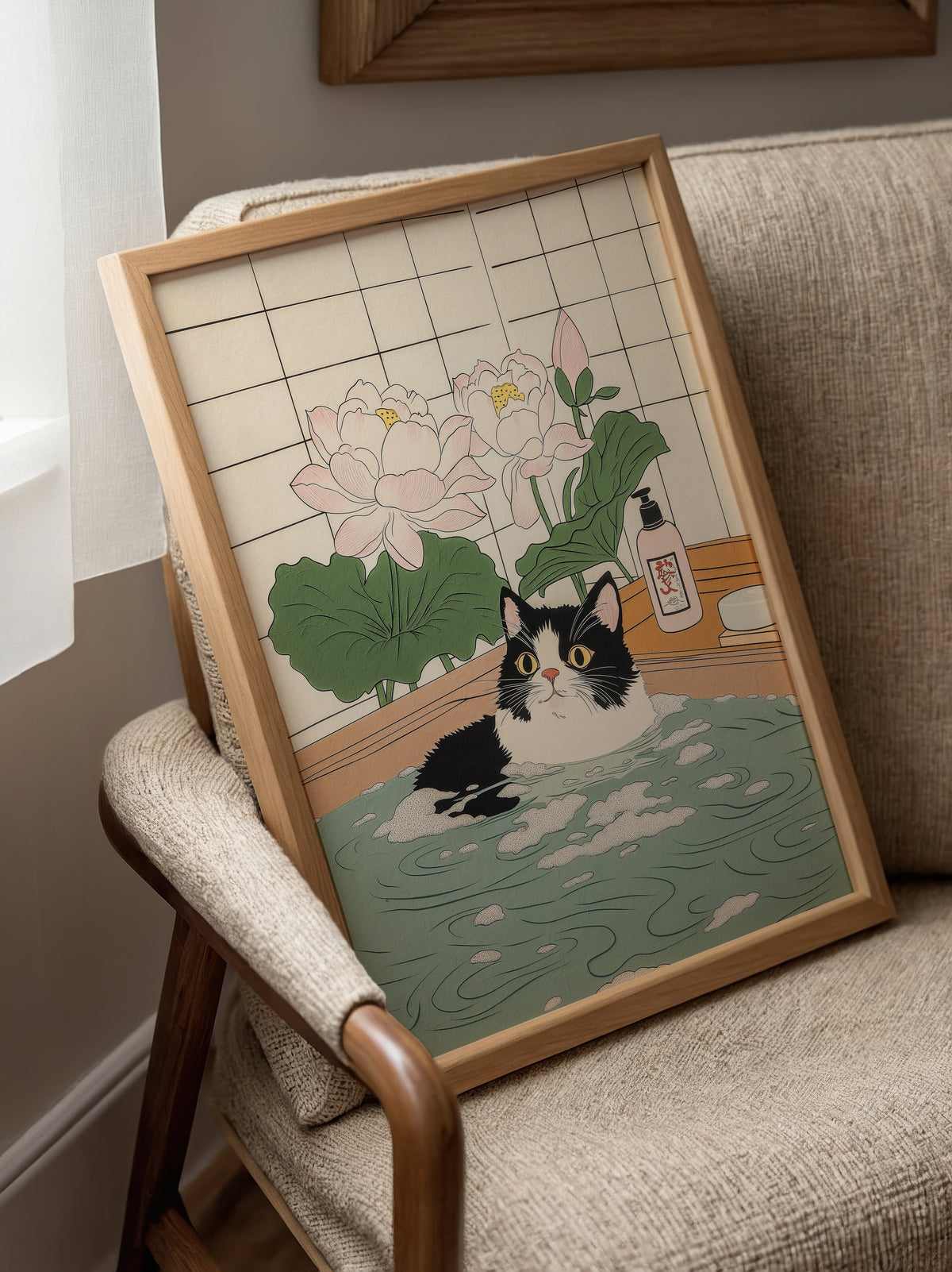 Väggmockup av Calm Cat Moment affisch på ljus tegelvägg – Bozetto konsttryck i hög tryckkvalitet