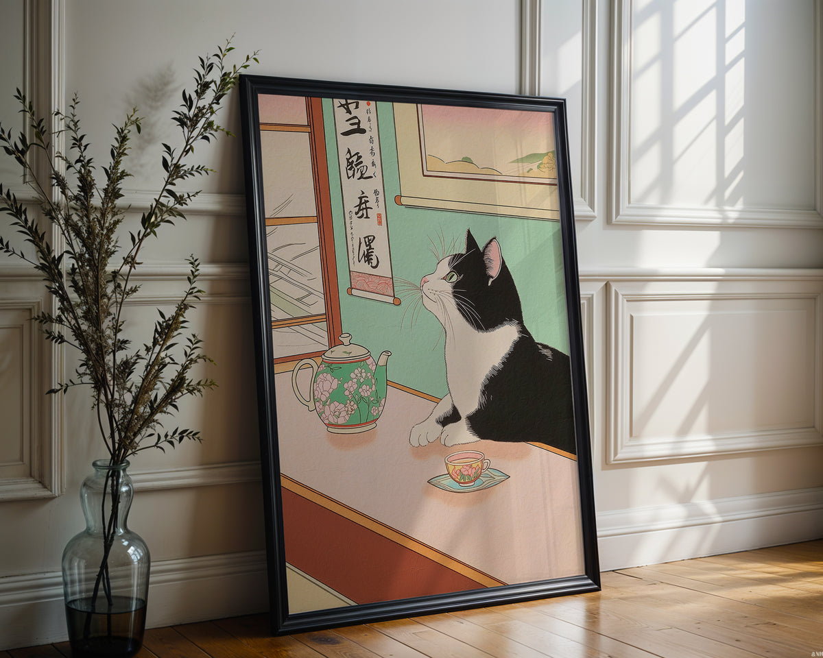 Tranquil Feline poster visualiserad på vägg – se rätt storlek med mockup från Bozetto