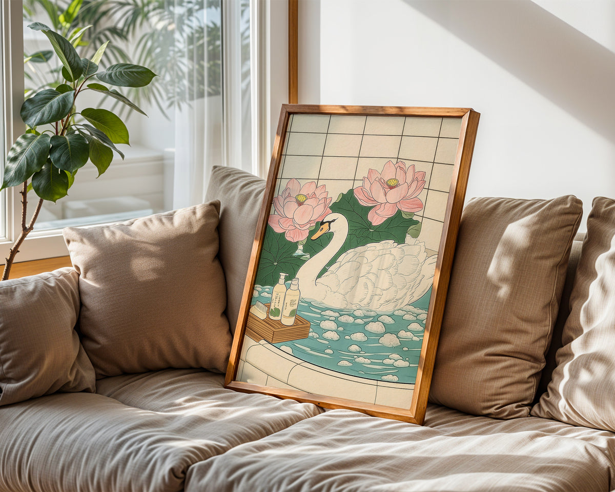 Väggmockup med Swan In Lotus Bath – köp enkelt hos Bozetto affisch i hög kvalitet