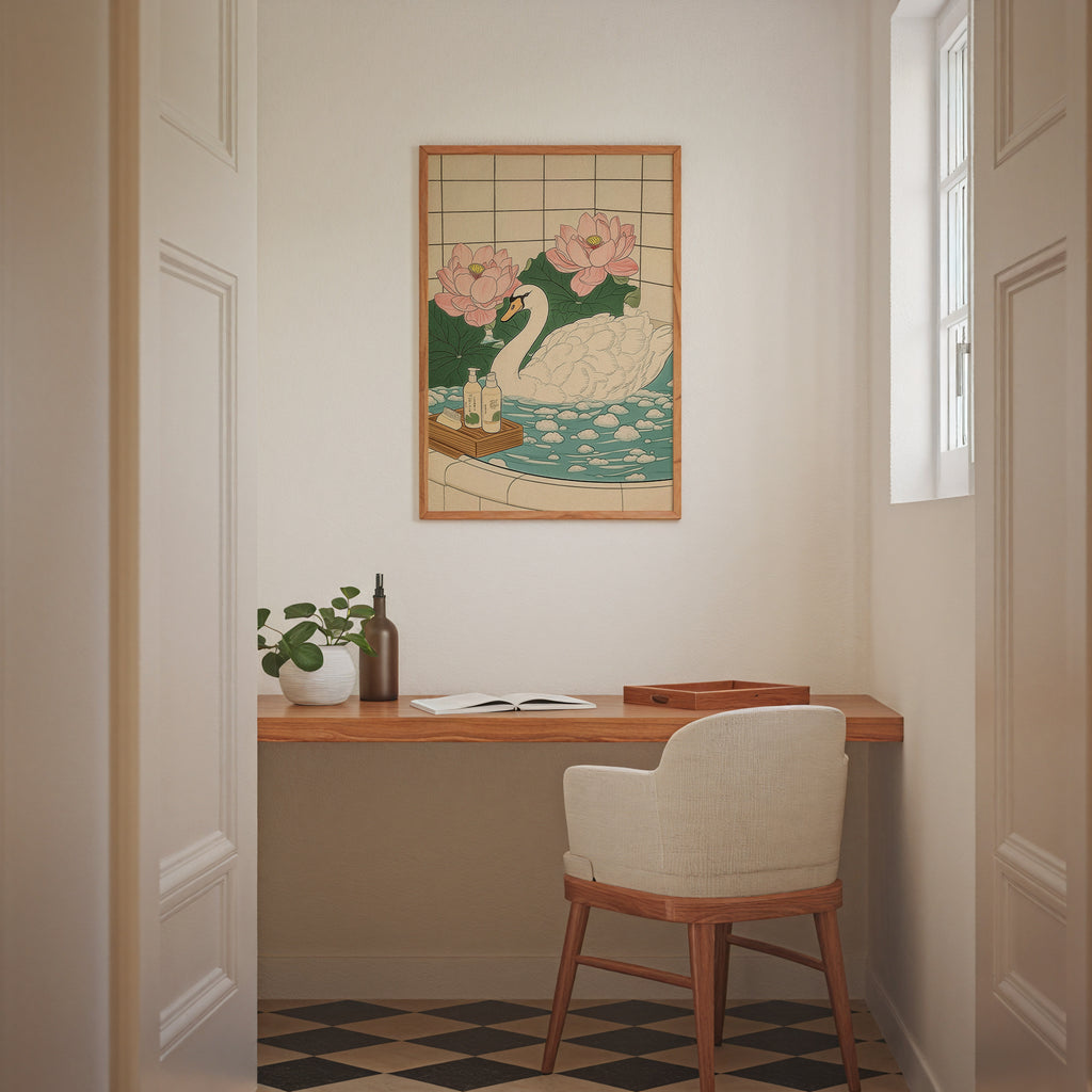 Väggmockup av Swan In Lotus Bath affisch på ljus vägg – Bozetto konsttryck – nr 2
