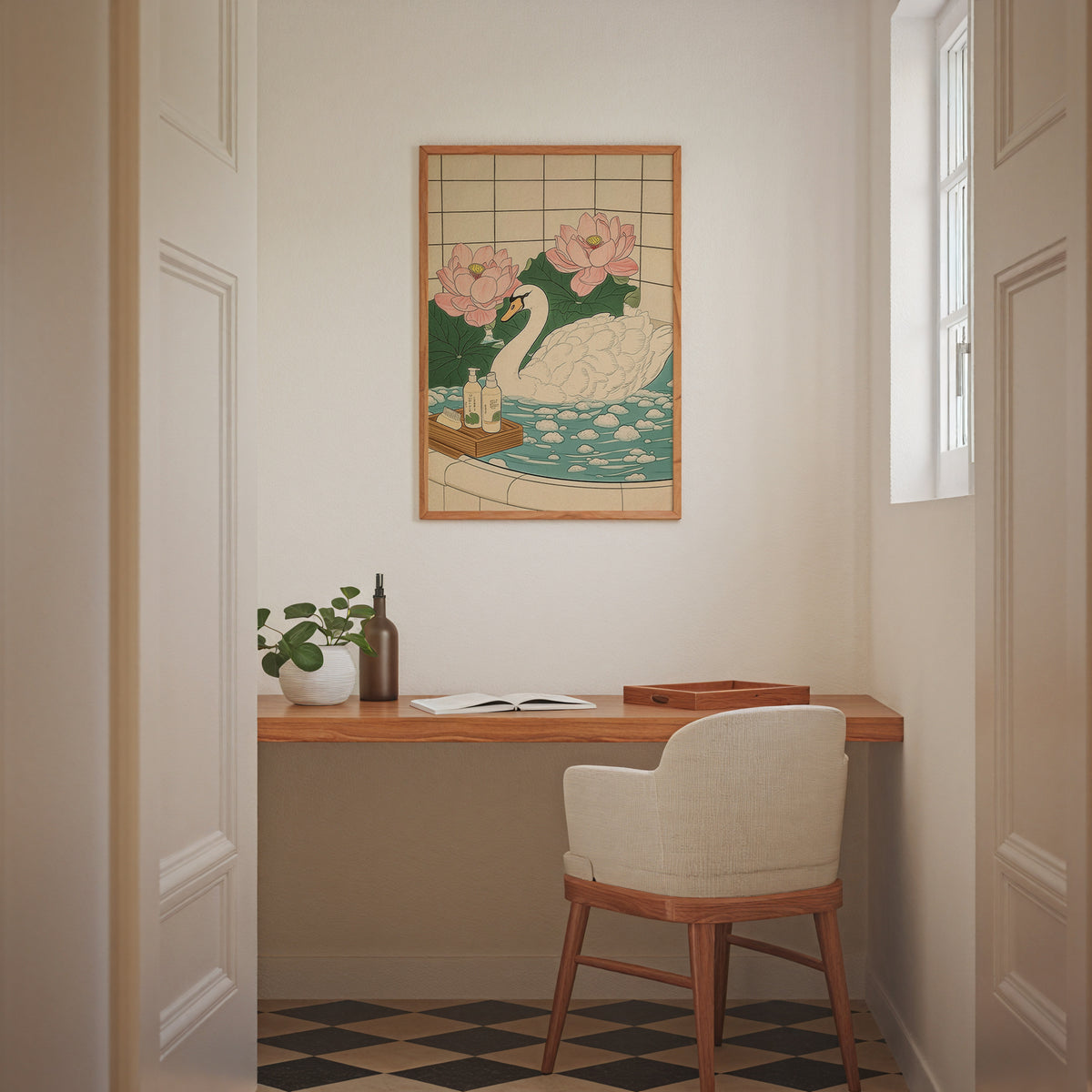 Väggmockup av Swan In Lotus Bath affisch på ljus vägg – Bozetto konsttryck – nr 2