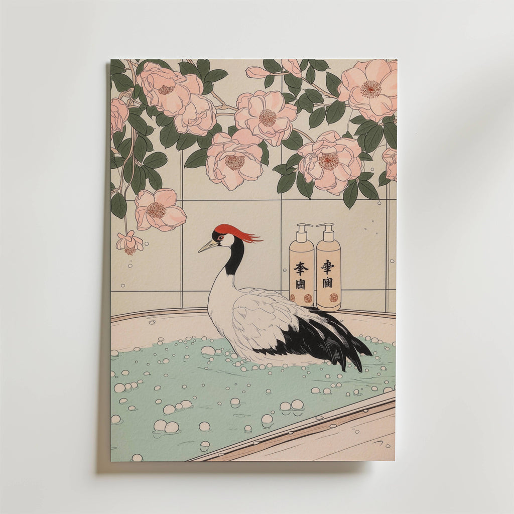 Mockup av Crane In Blossom Bath affisch på vägg – köp enkelt hos Bozetto i hög kvalitet
