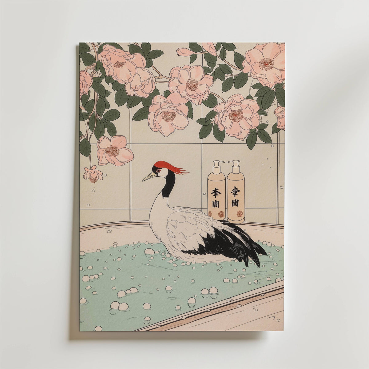 Mockup av Crane In Blossom Bath affisch på vägg – köp enkelt hos Bozetto i hög kvalitet