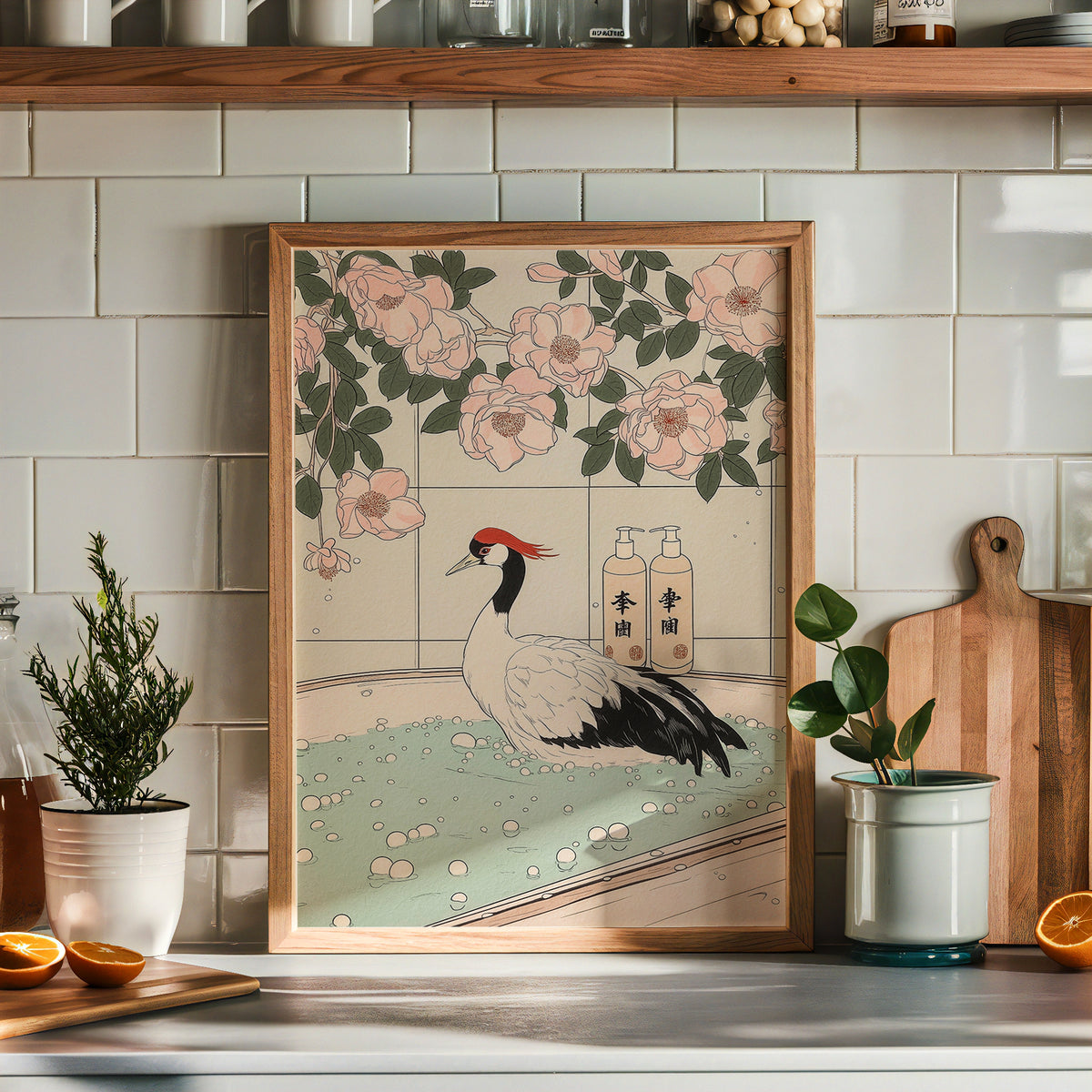 Väggmockup med Crane In Blossom Bath – köp enkelt hos Bozetto affisch i hög kvalitet