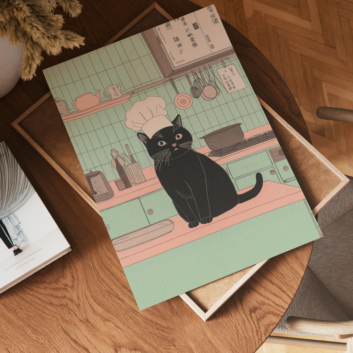 Chef Cat i väggmockup – konsttryck presenterat i verklig miljö av Bozetto i hög tryckkvalitet