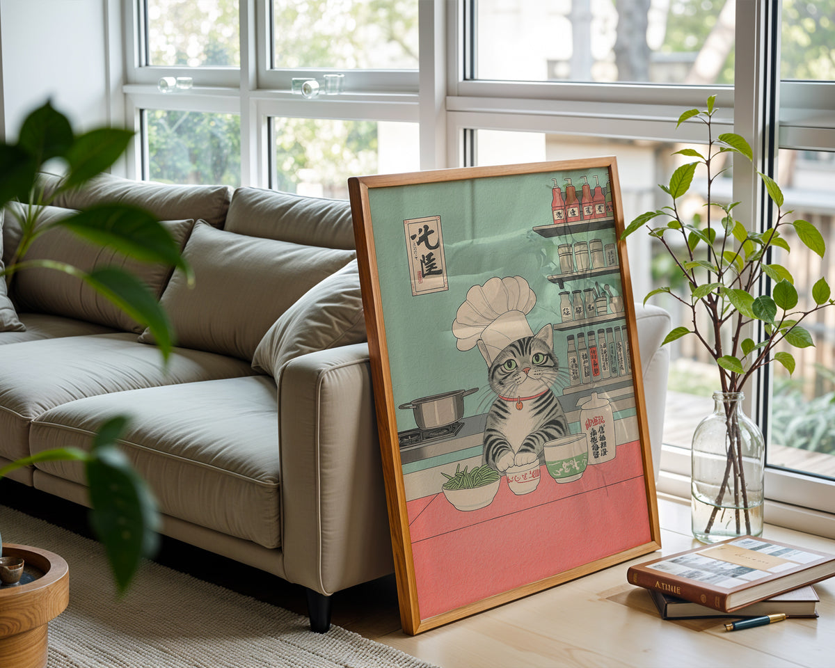 Väggmockup med Chef Cat’s Kitchen – köp enkelt hos Bozetto affisch i hög kvalitet