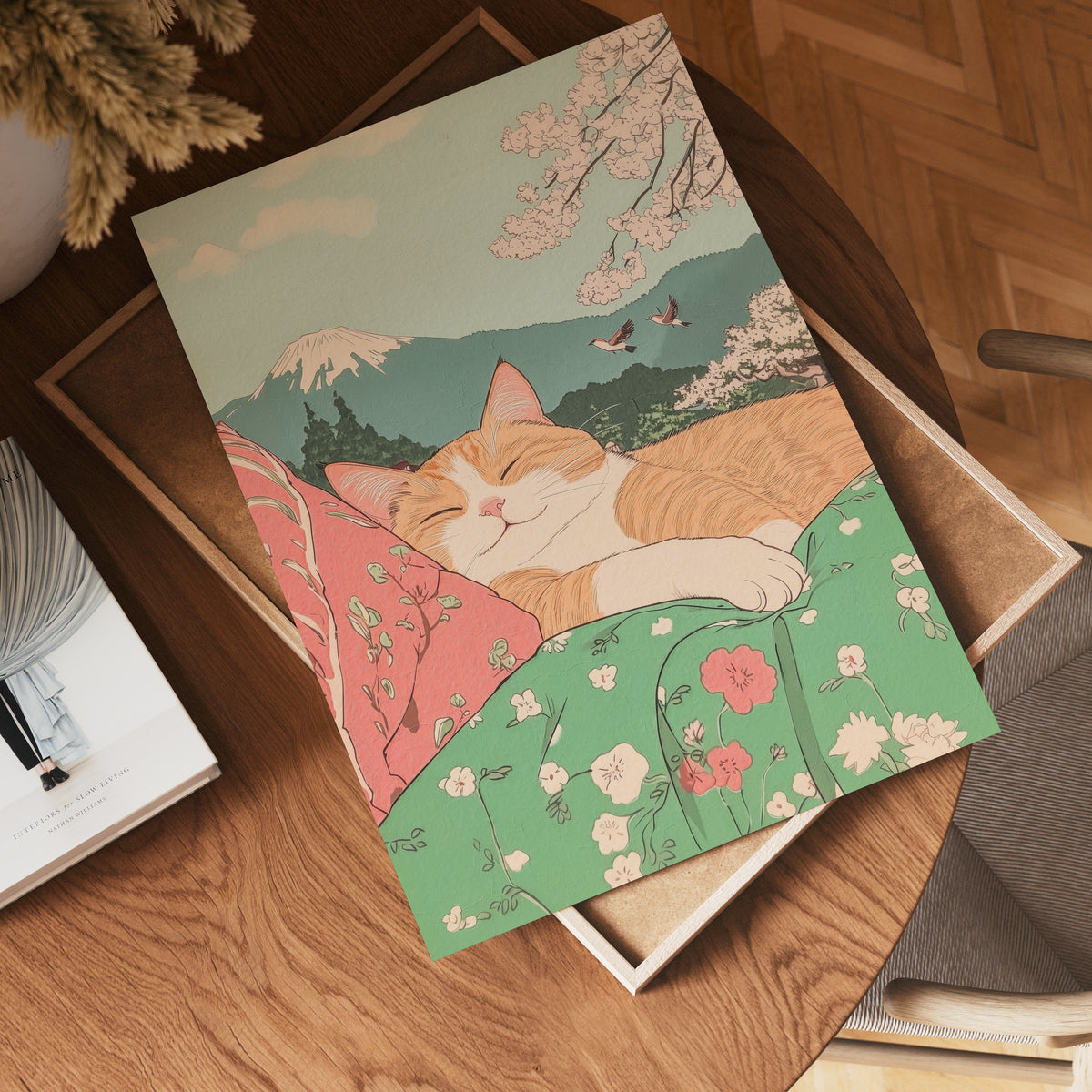 Väggmockup av Spring Nap Under Fuji affisch på ljus vägg – Bozetto konsttryck – nr 4