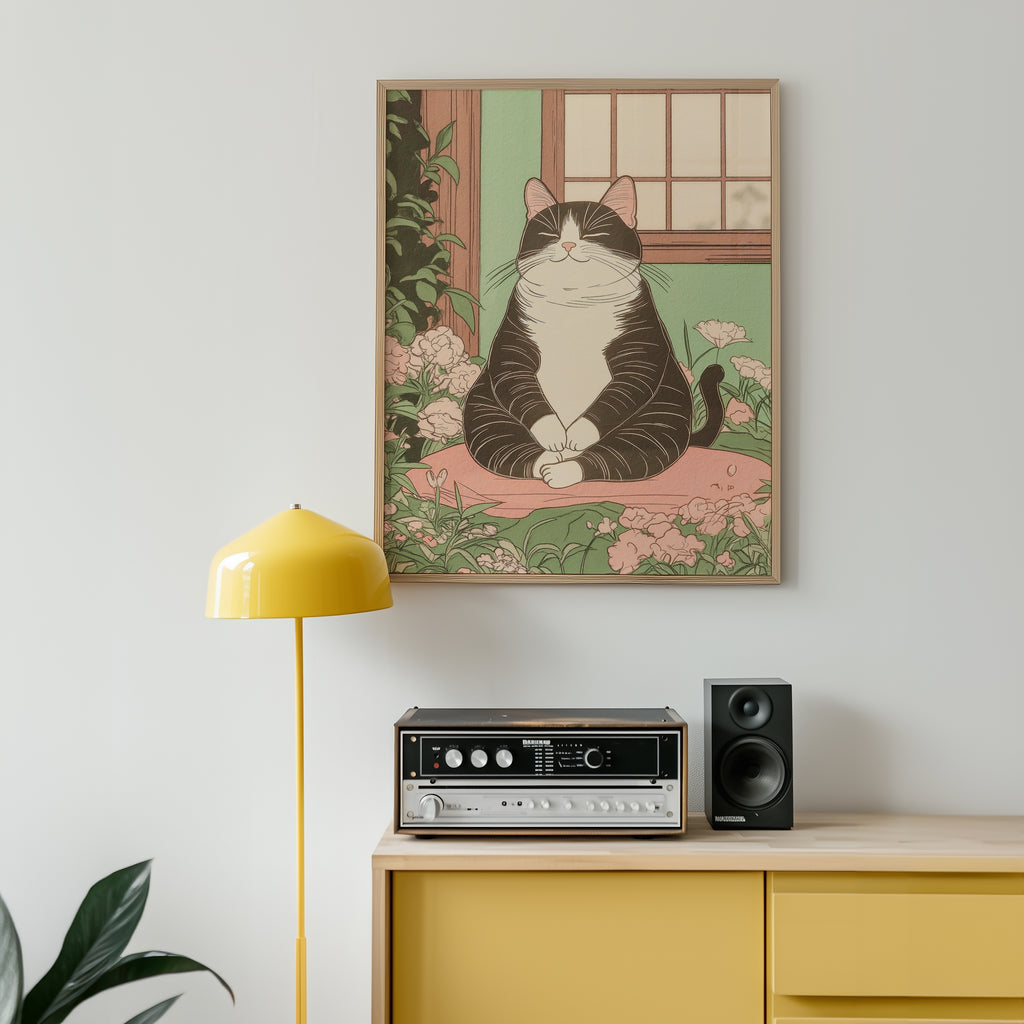 Zen Cat poster visualiserad på vägg – se rätt storlek med mockup från Bozetto i hög tryckkvalitet