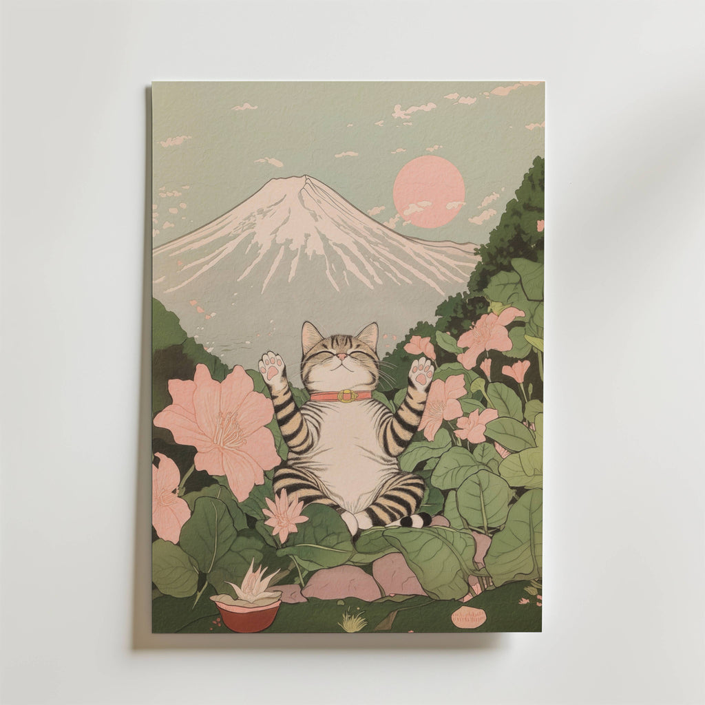 Mockup av Cat Under Mount Fuji affisch på vägg – köp enkelt hos Bozetto i hög kvalitet