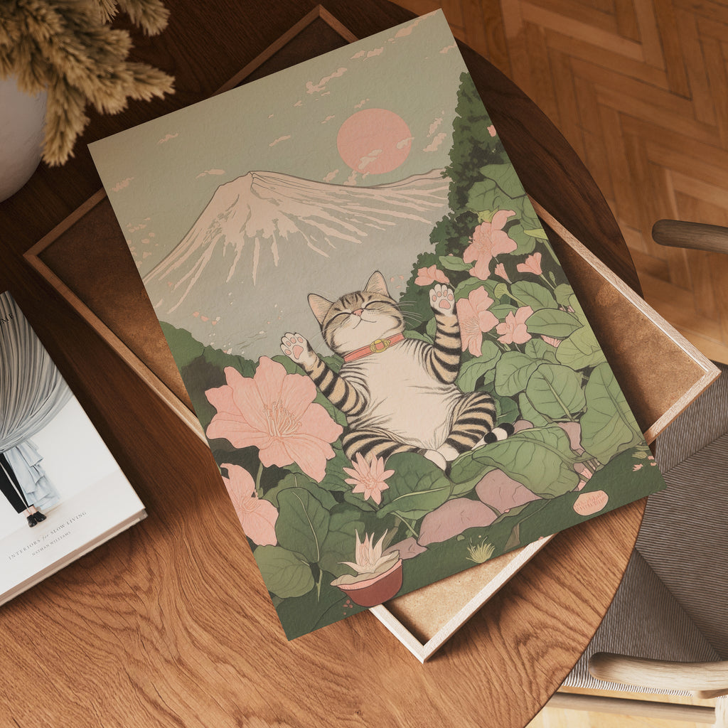 Väggmockup av Cat Under Mount Fuji affisch på ljus vägg – Bozetto konsttryck – nr 4