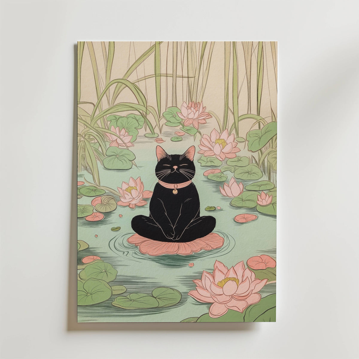 Mockup av Lotus Meditation Cat affisch på vägg – köp enkelt hos Bozetto i hög kvalitet