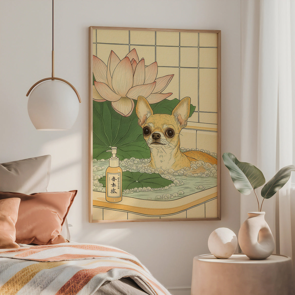 Väggmockup med Chihuahua In Lotus Bath – köp enkelt hos Bozetto affisch i hög kvalitet