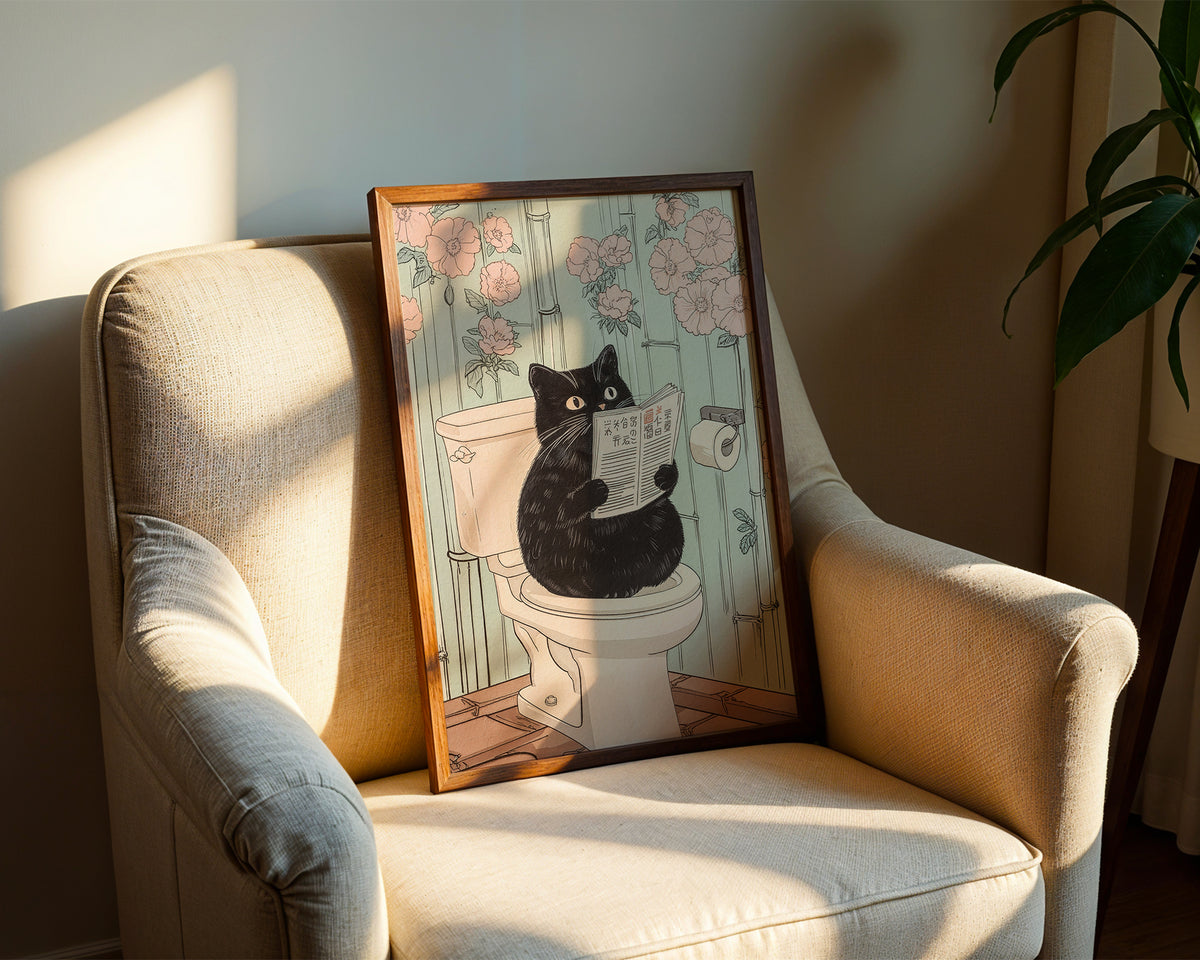 Väggmockup med Black Cat Morning Routine – köp enkelt hos Bozetto affisch i hög kvalitet