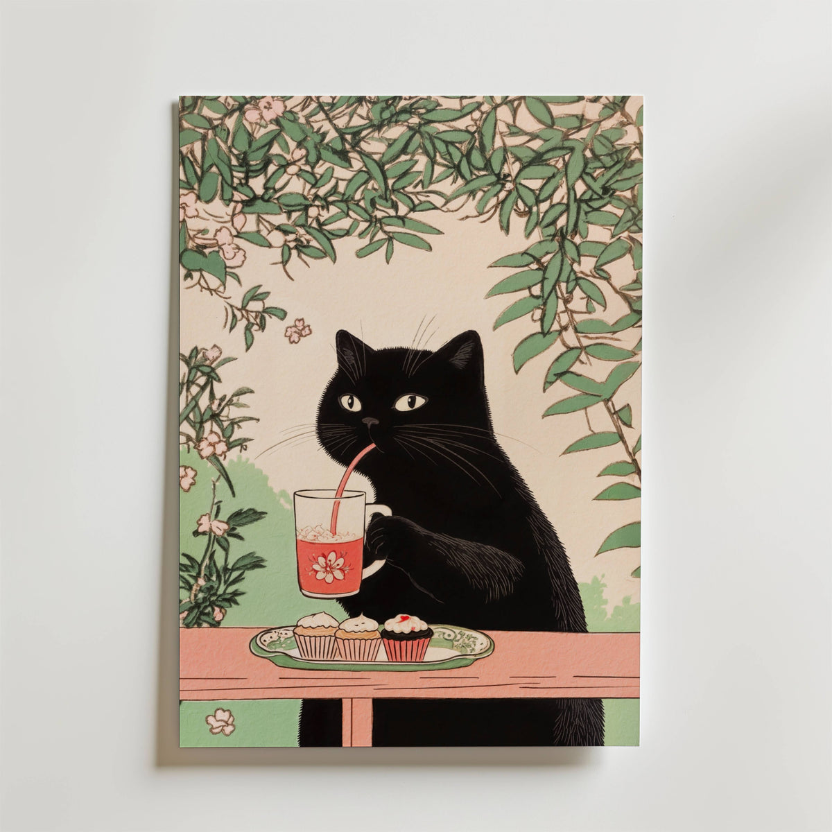 Mockup av Afternoon Tea Cat affisch på vägg – köp enkelt hos Bozetto i hög kvalitet