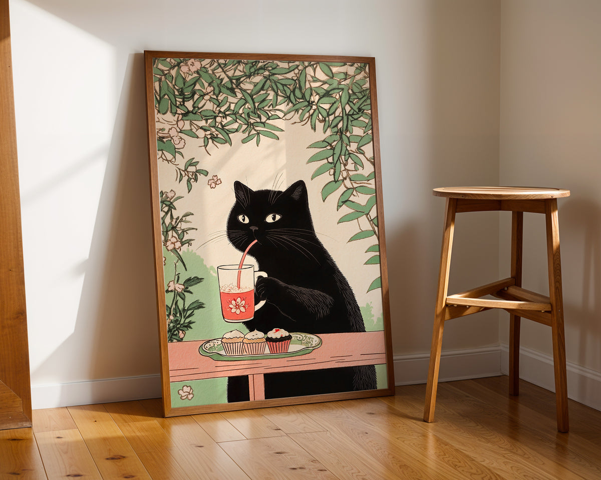 Väggmockup med Afternoon Tea Cat – köp enkelt hos Bozetto affisch i hög kvalitet