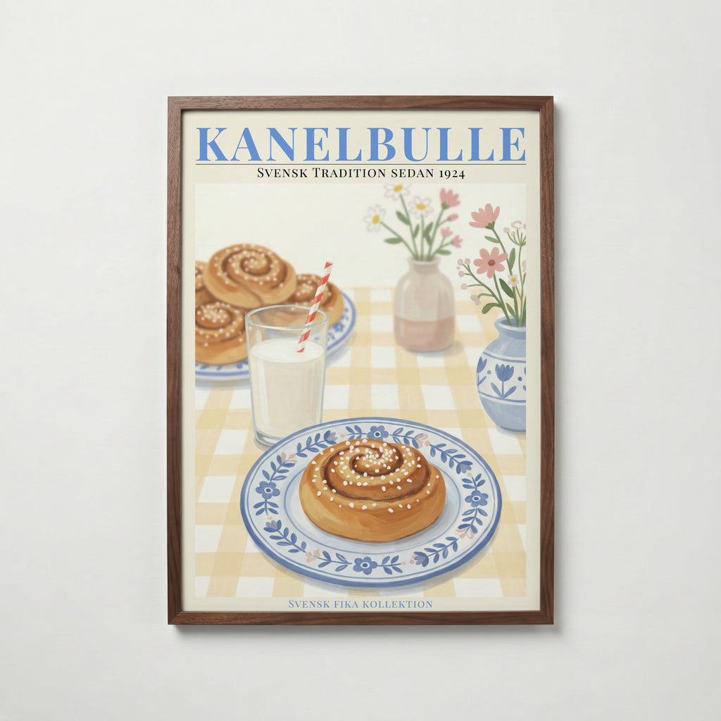 Kanelbulle konsttryck på vit bakgrund – elegant Bozetto affisch för hemmet i hög tryckkvalitet