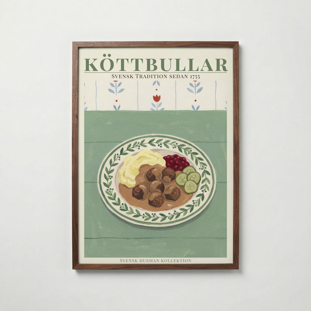 Köttbullar konsttryck på vit bakgrund – elegant Bozetto affisch för hemmet i hög tryckkvalitet