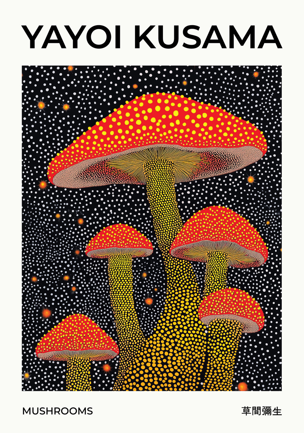 Yayoi Kusama Mushrooms poster visad rakt fram – Bozetto affisch i hög tryckkvalitet