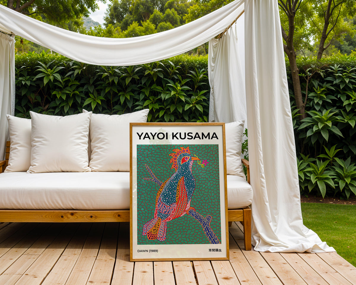 Yayoi Kusama Dawn 1989 poster visualiserad på vägg – från Bozetto i hög kvalitet