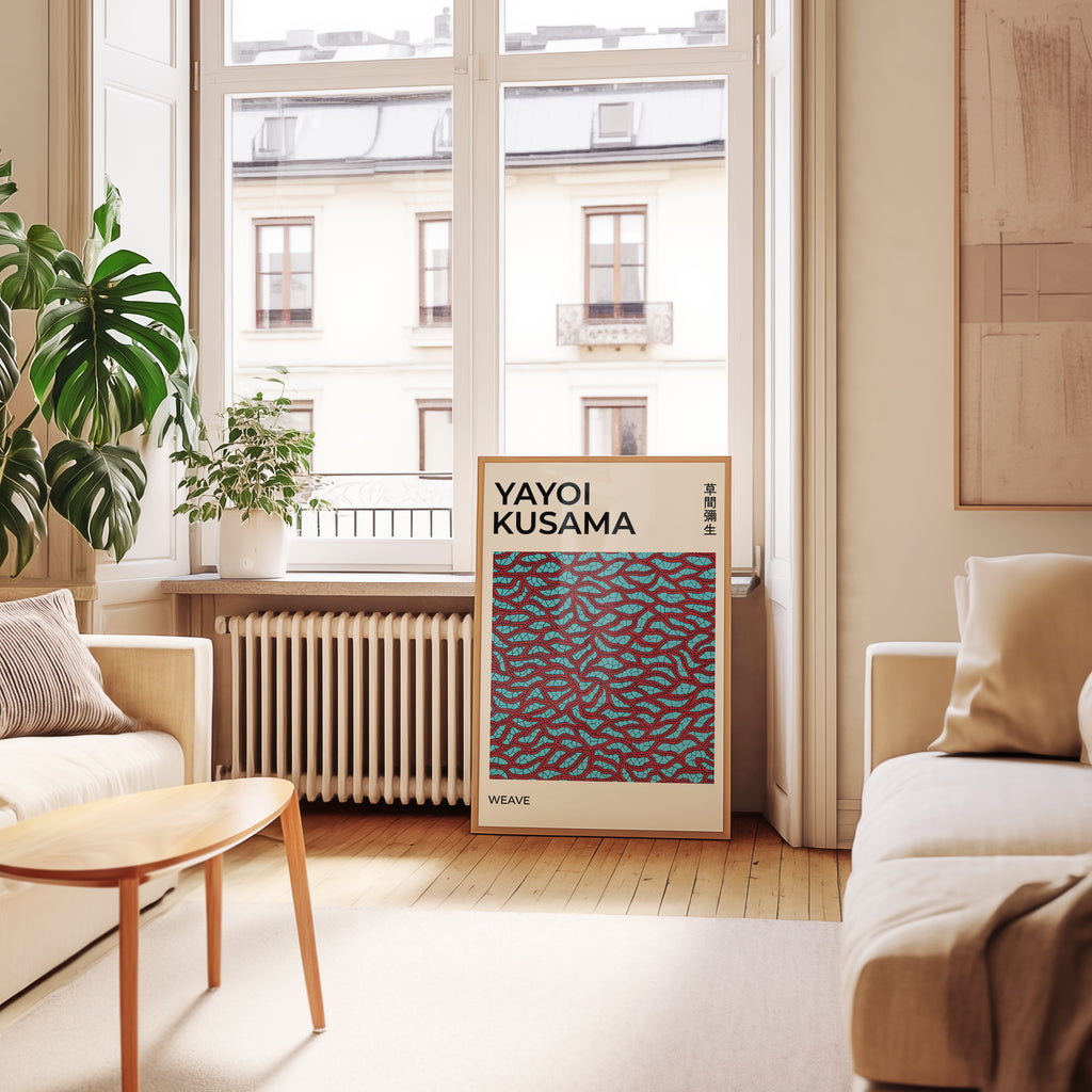 Väggmockup med Yayoi Kusama Red Weave – köp enkelt hos Bozetto affisch i hög kvalitet