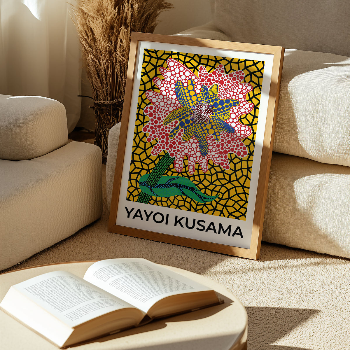Mockup av Yayoi Kusama Yellow Garden affisch på vägg – köp enkelt hos Bozetto i hög kvalitet