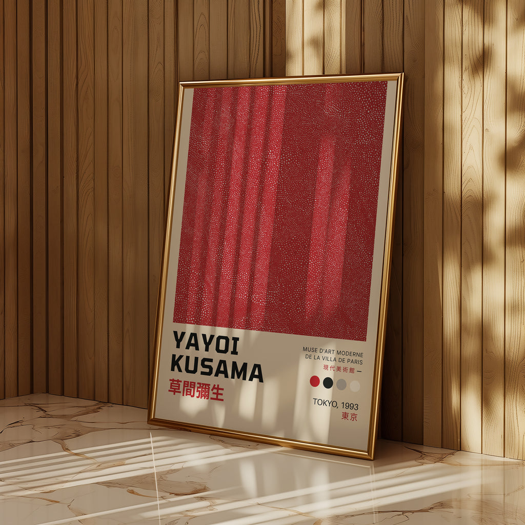Mockup av Yayoi Kusama Red Infinity affisch på vägg – köp enkelt hos Bozetto i hög kvalitet