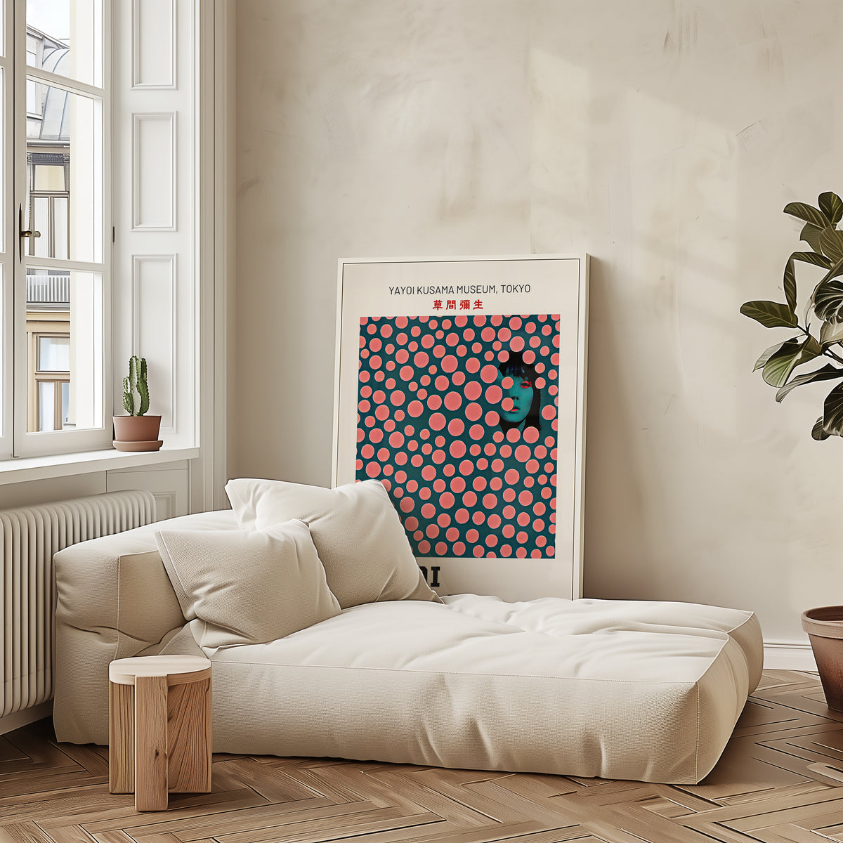 Mockup av Yayoi Kusama Hidden Gaze affisch på vägg – köp enkelt hos Bozetto i hög kvalitet