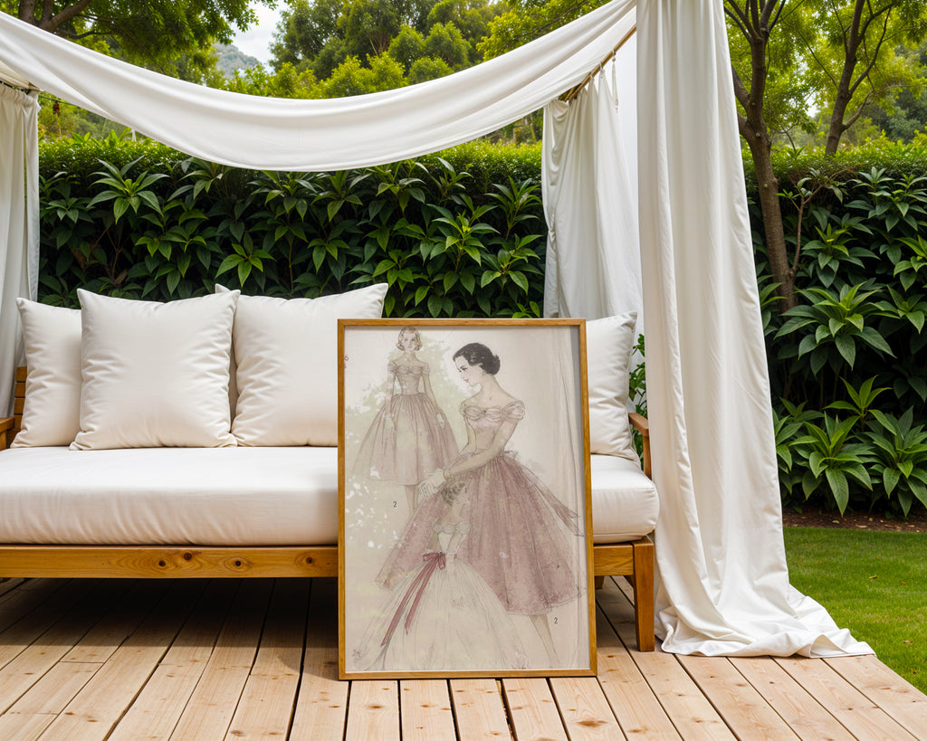 Väggmockup av Vintage Dress Sketch affisch på ljus vägg – Bozetto konsttryck – nr 3