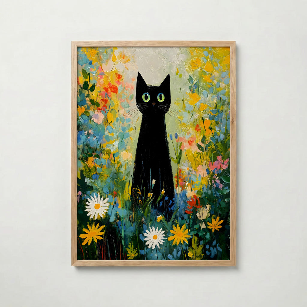 Midnight Garden Cat poster visad rakt fram – Bozetto affisch i hög tryckkvalitet