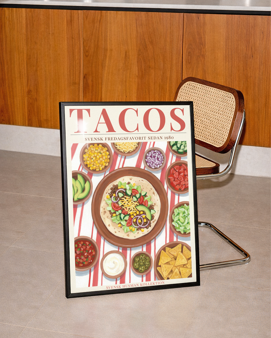 Väggmockup av Tacos Fredag affisch på ljus tegelvägg – Bozetto konsttryck i hög tryckkvalitet