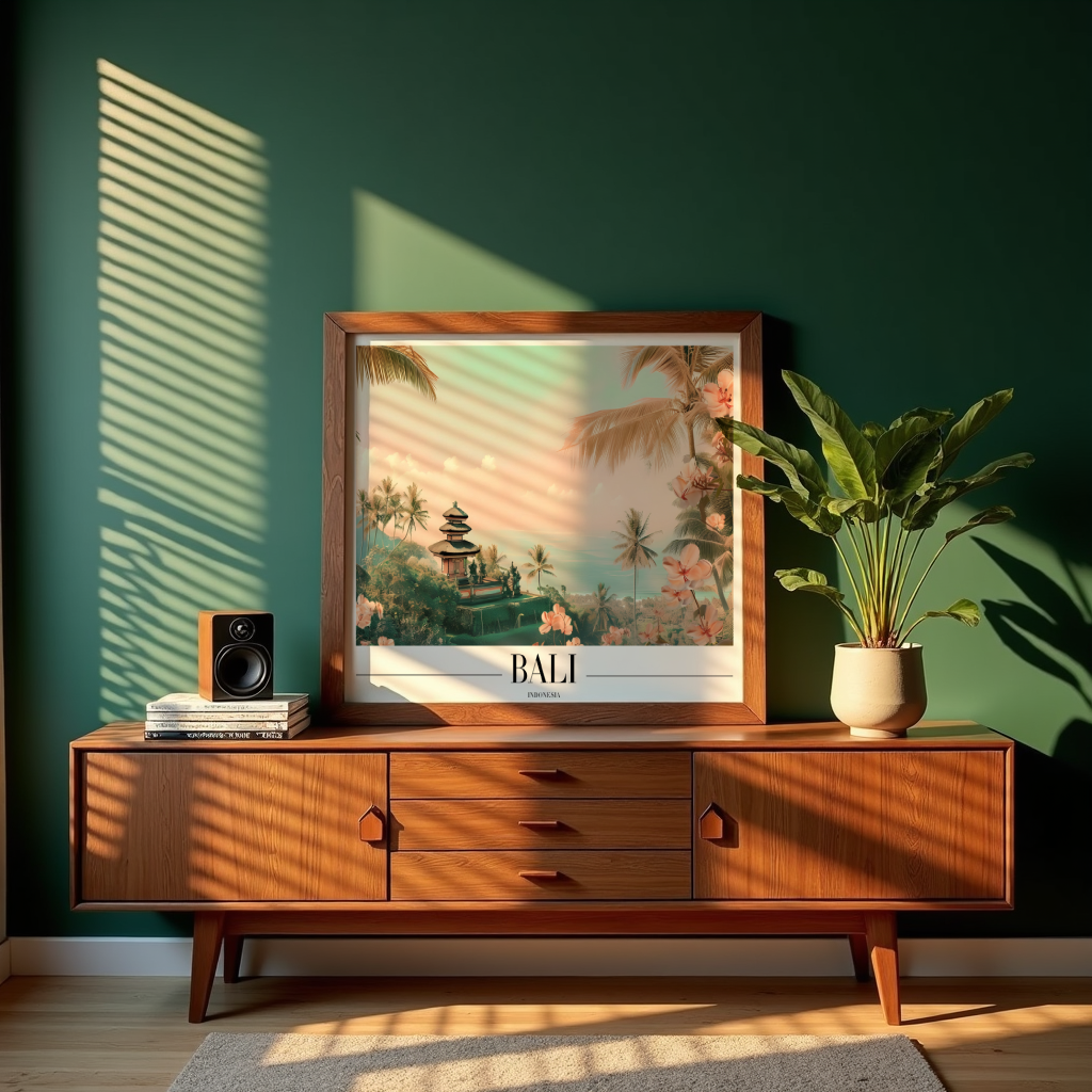Väggmockup av Bali Sunset affisch på ljus tegelvägg – Bozetto konsttryck i hög tryckkvalitet