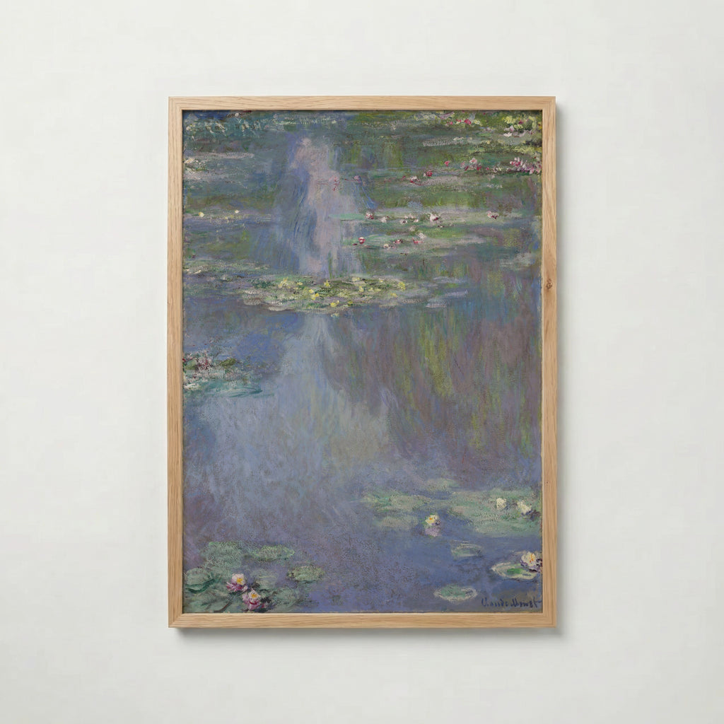 Claude Monet Water Lilies Blue 1907 affisch i ljus ekram med naturligt träutseende – Bozetto