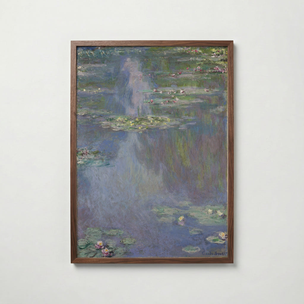 Claude Monet Water Lilies Blue 1907 affisch i valnötsram – mörkbrun inramning med lyxig känsla, Bozetto