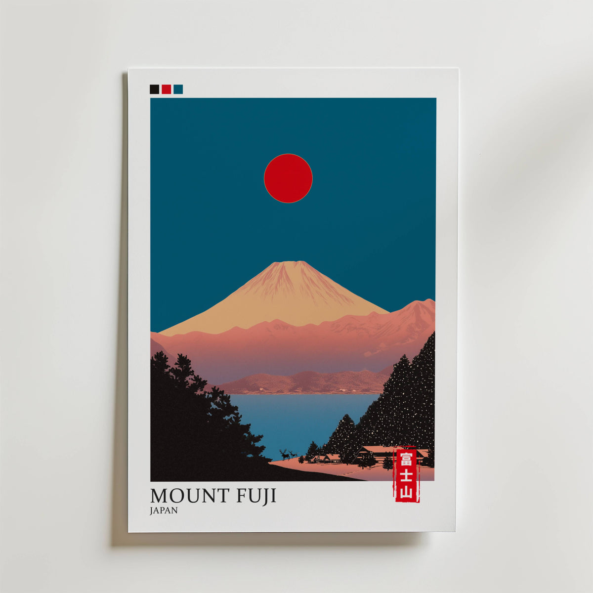Mount Fuji Red Moon – stilfullt konsttryck från Bozetto, tryckt på matt finpapper