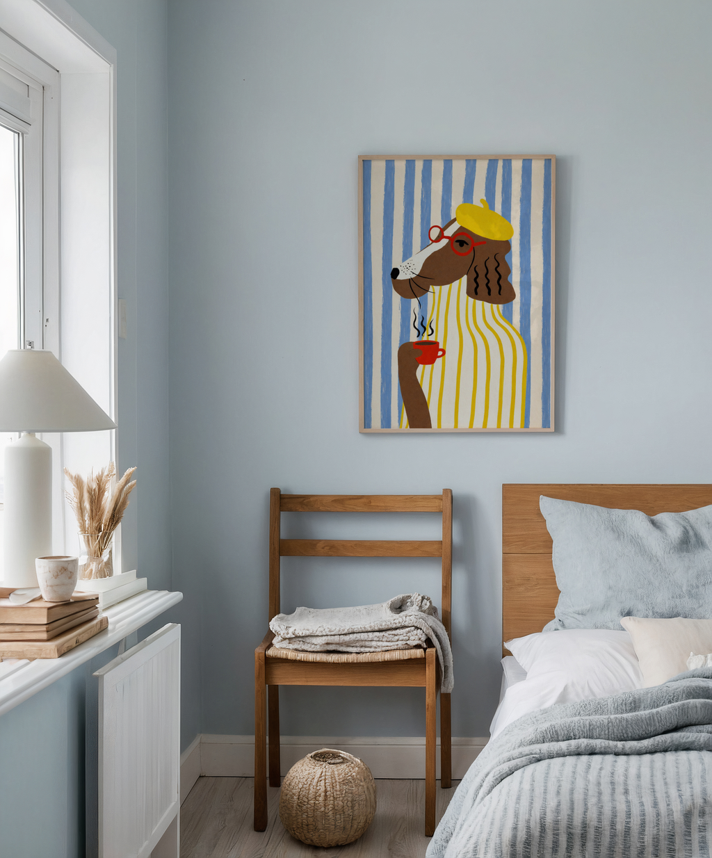 Mockup av Sunny Café Dog affisch på vägg – köp enkelt hos Bozetto i hög kvalitet