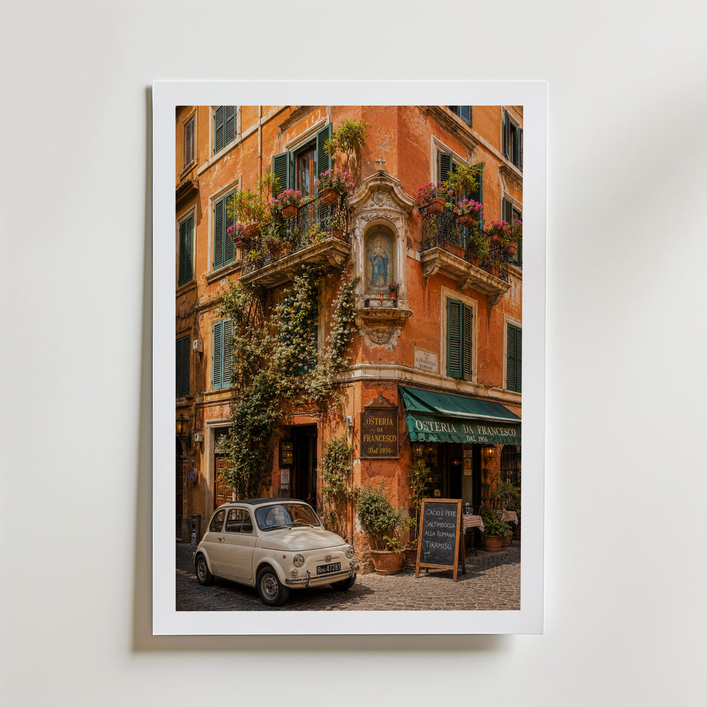 Marco Ricci Osteria da Francesco Roma Poster – pittoresk restaurangfasad i Roms historiska gatumiljö
