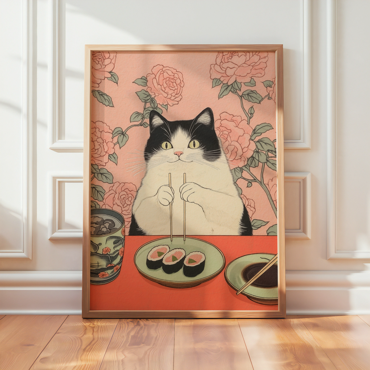 Pink Table Cat – stilfullt konsttryck från Bozetto, tryckt på matt finpapper i hög tryckkvalitet