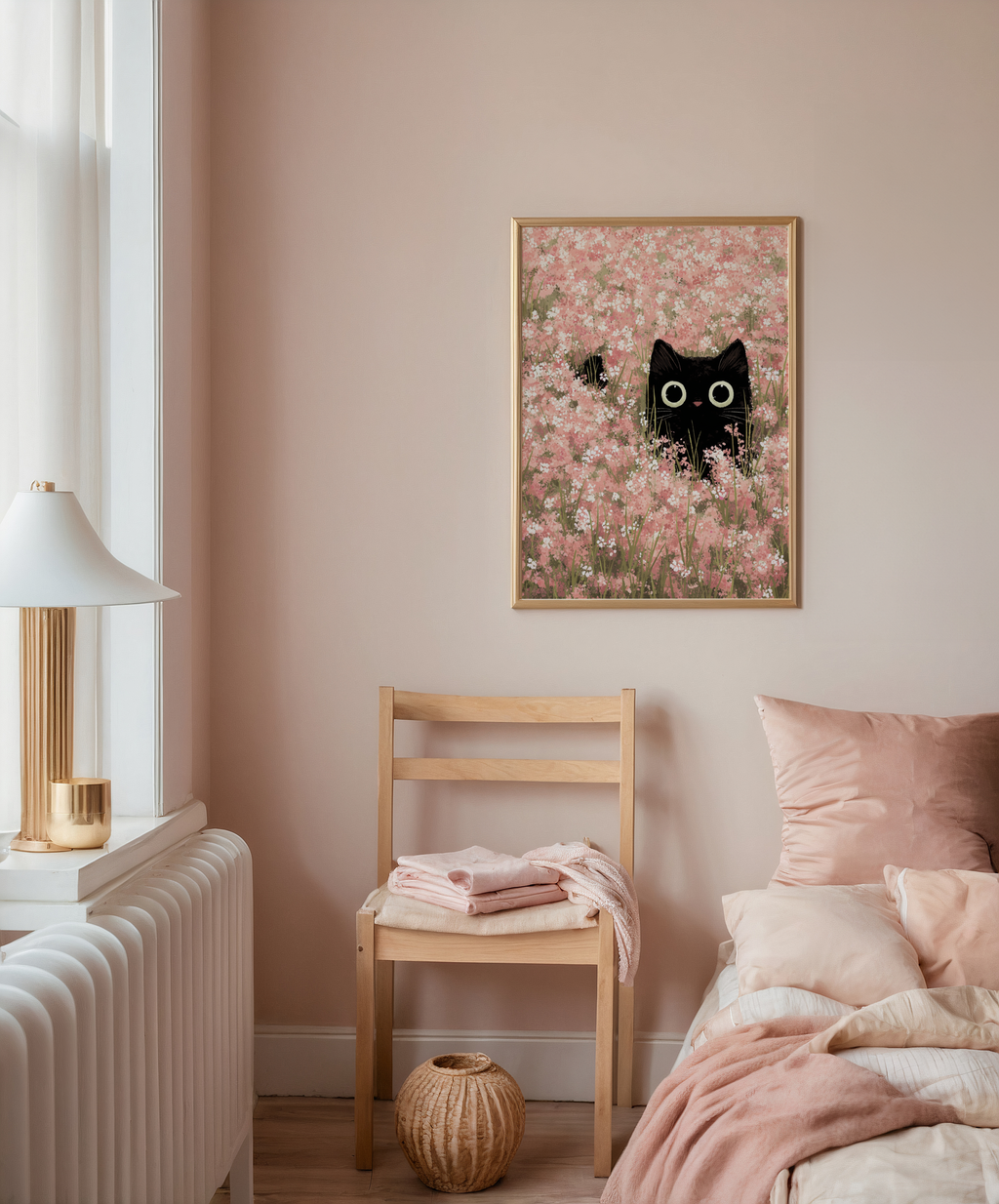 Mockup av Hidden Blossom Cat affisch på vägg – köp enkelt hos Bozetto i hög kvalitet