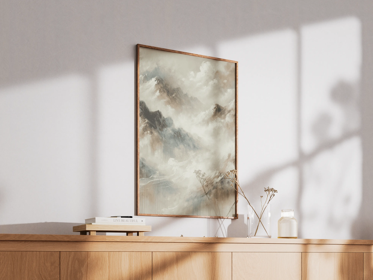 Mockup av Mountains of Tranquility affisch på vägg – köp enkelt hos Bozetto i hög kvalitet
