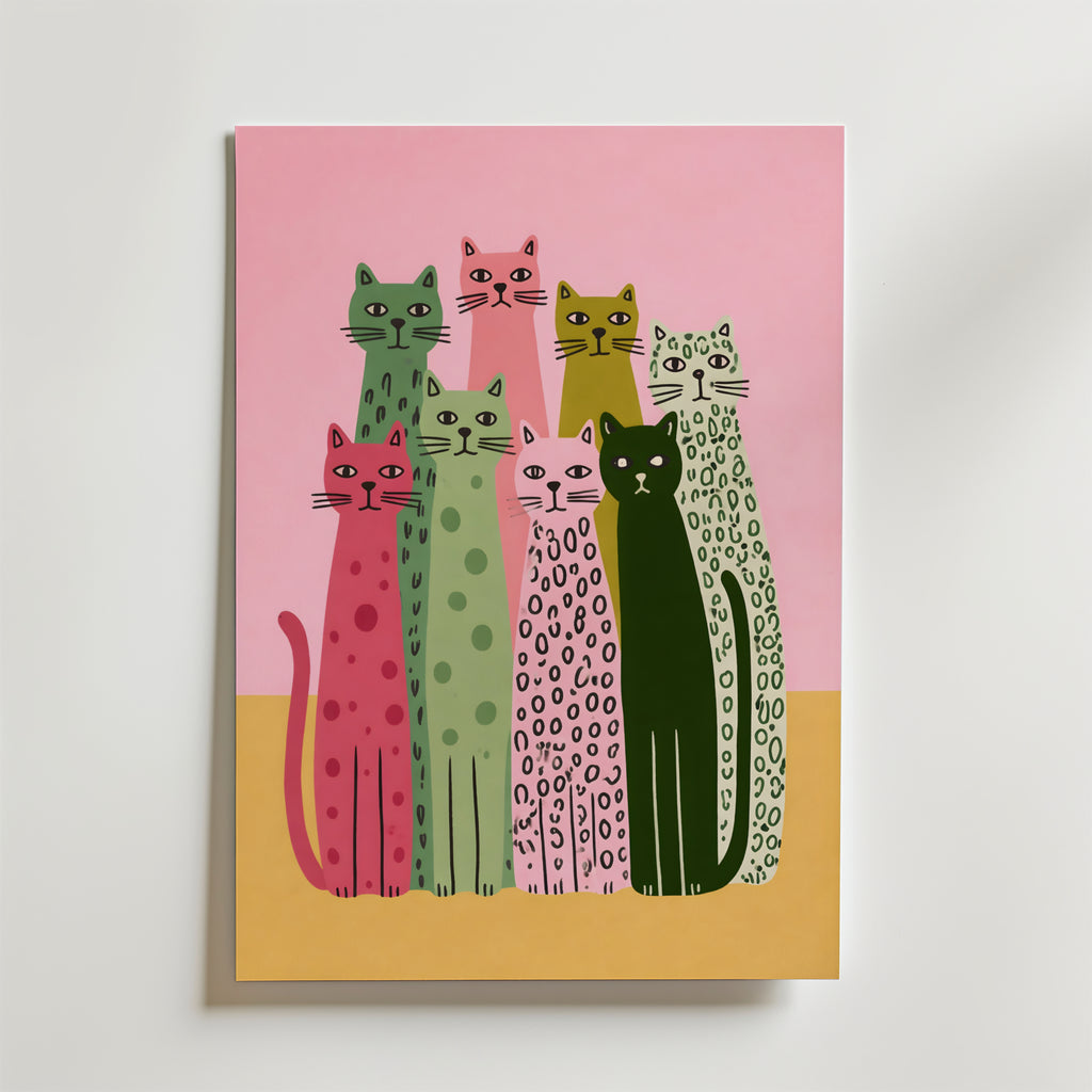 Colorful Cat Lineup – stilfullt konsttryck från Bozetto, tryckt på matt finpapper