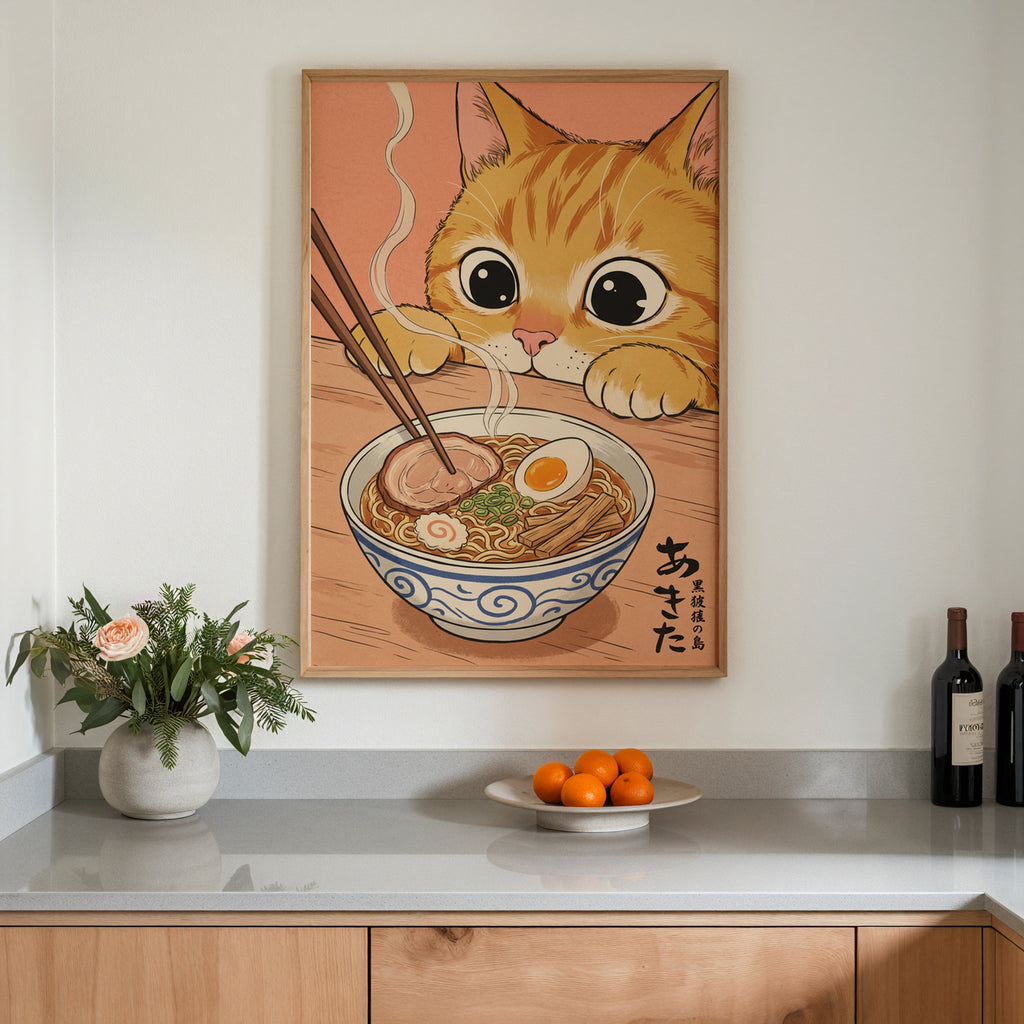 Ramen Cat Poster med svart ram