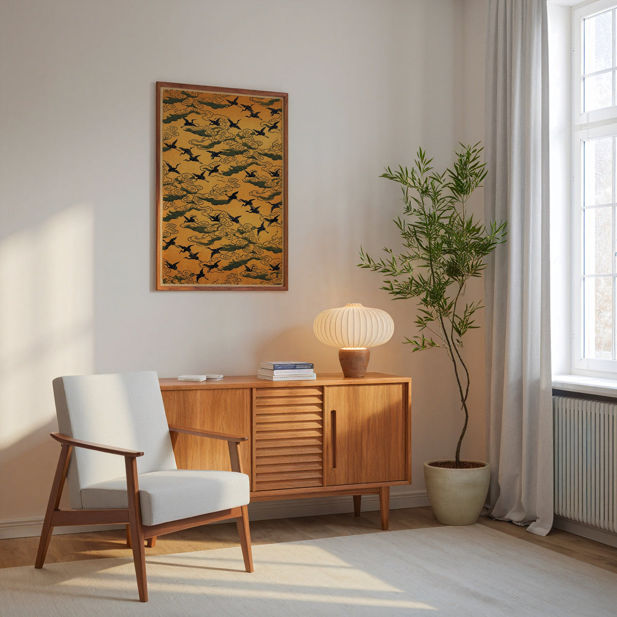 Saffron Cranes Poster med valnötsram