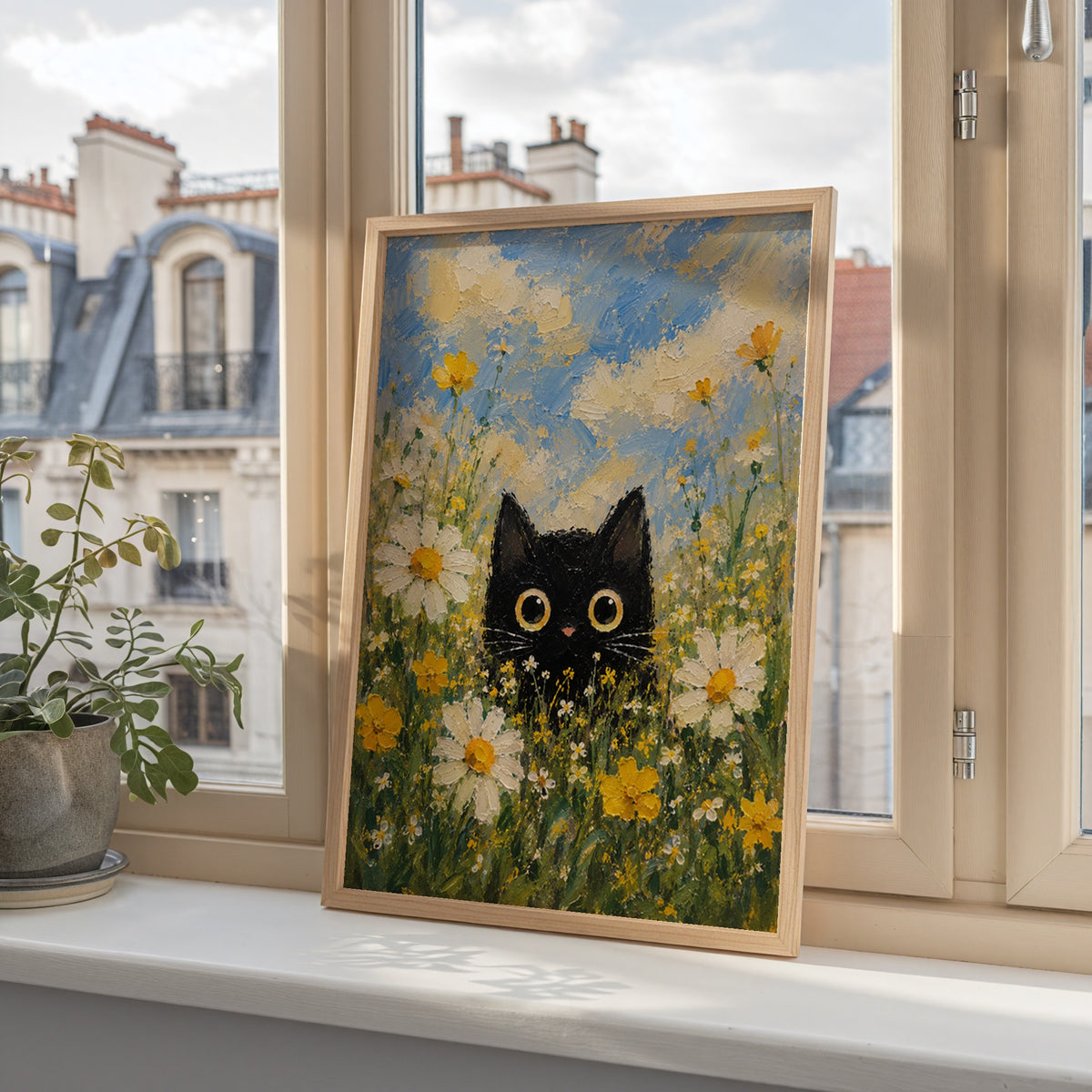 Summer Cat Poster – svart katt bland sommarblommor på vägg i inrett rum, fri frakt över 499 kr