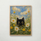 Summer Cat Poster – svart katt bland sommarblommor i ekram, väggkonst från Bozetto