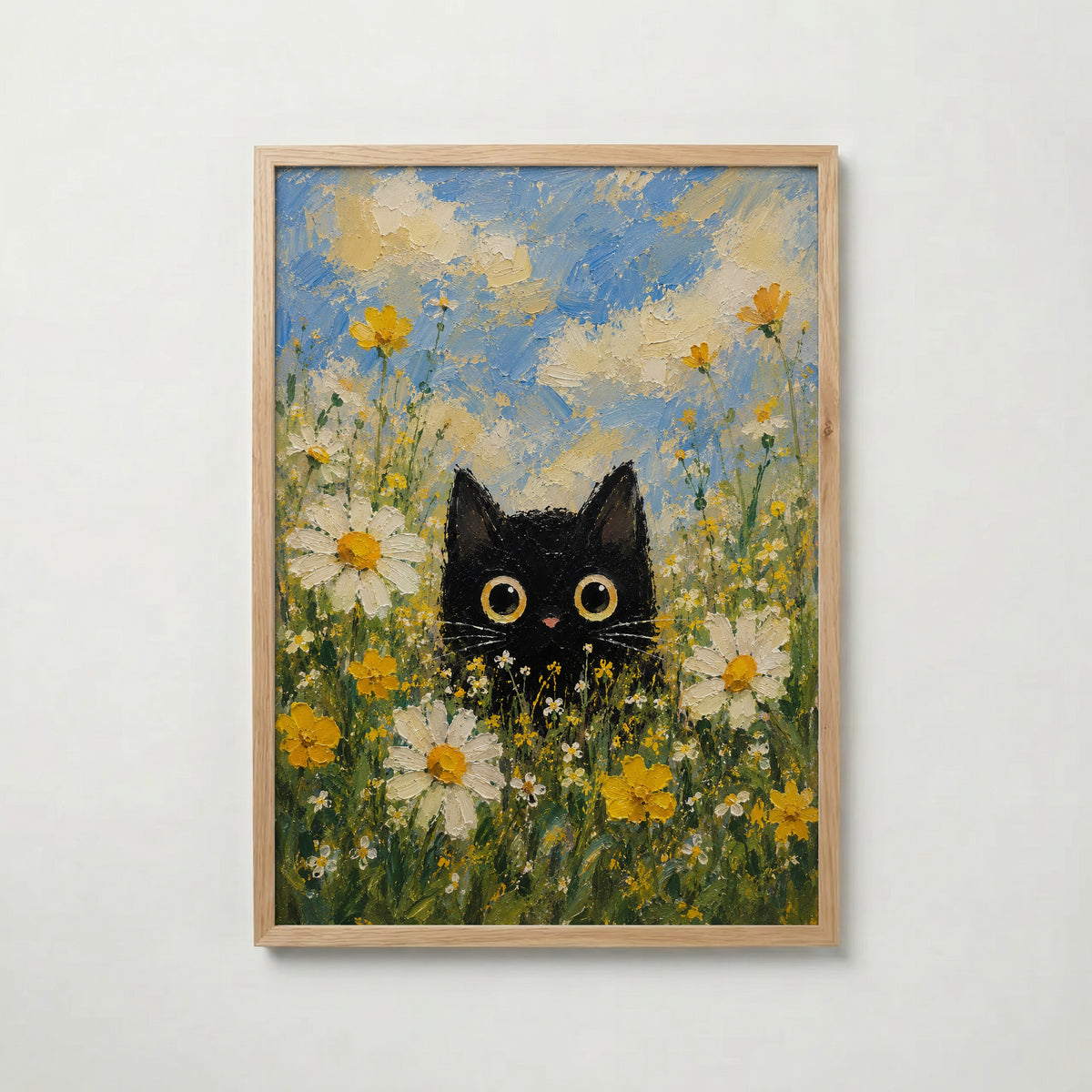 Summer Cat Poster – svart katt bland sommarblommor i ekram, väggkonst från Bozetto