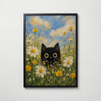Summer Cat Poster – svart katt bland sommarblommor i svart ram, tryckt i Sverige