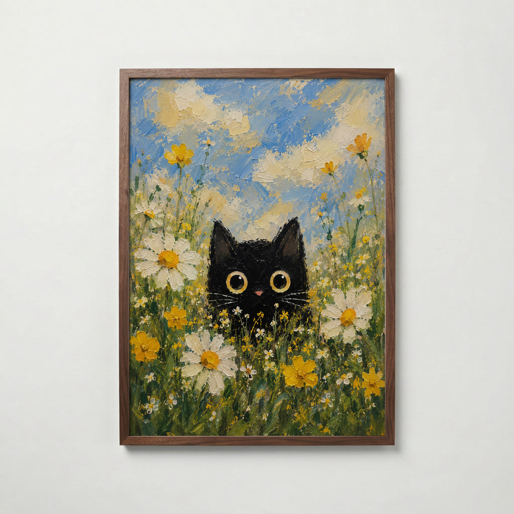 Summer Cat Poster – svart katt bland sommarblommor i valnötsram, konst från Bozetto
